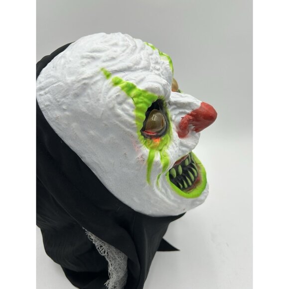 Scary Clown Mask with Red Lighted Eyes, Plastic Face, Cloth Hood Demonic Jester - Picture 5 of 10